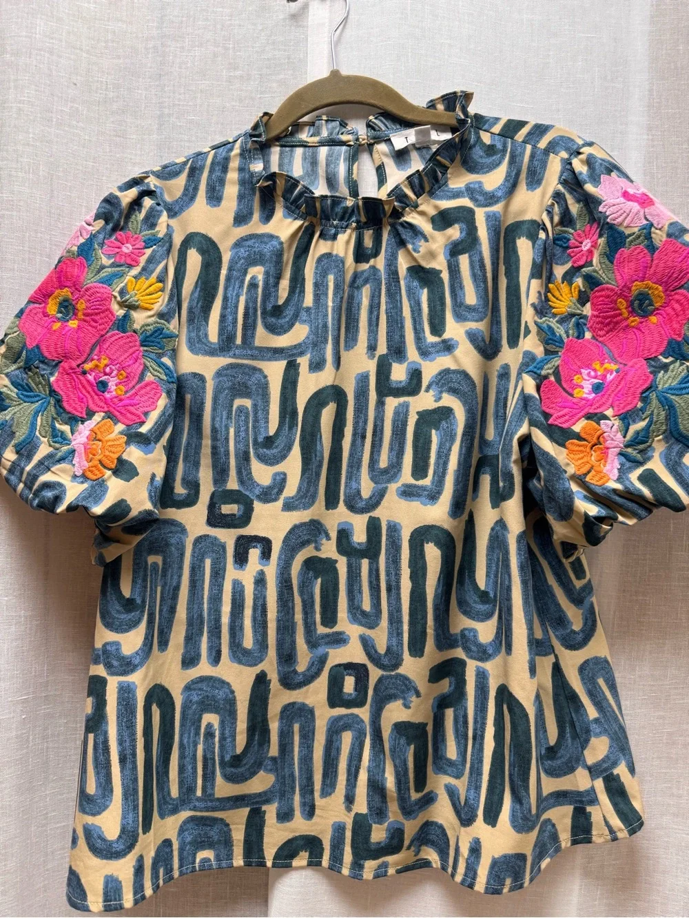 THML Beige and Navy Abstract Top with Pink Floral Embroidered Puff Sleeves - Picture 1 of 3